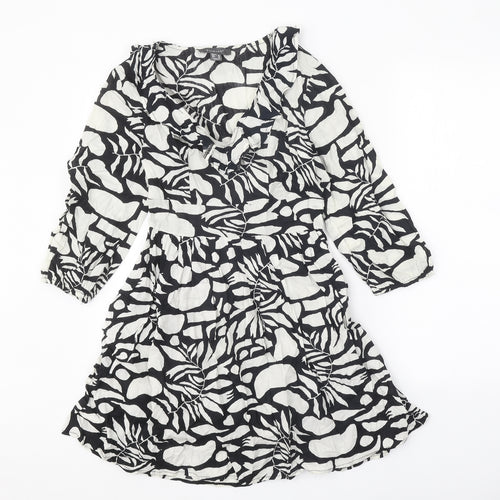 Primark Womens Black Geometric 100% Cotton Fit & Flare Size 8 V-Neck Pullover