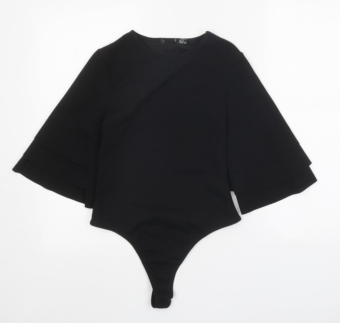 PRETTYLITTLETHING Womens Black Polyester Bodysuit One-Piece Size 8 Snap - Voluminous Sleeves