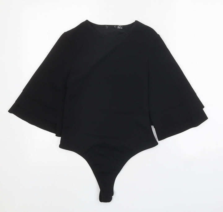 PRETTYLITTLETHING Womens Black Polyester Bodysuit One-Piece Size 8 Snap - Voluminous Sleeves