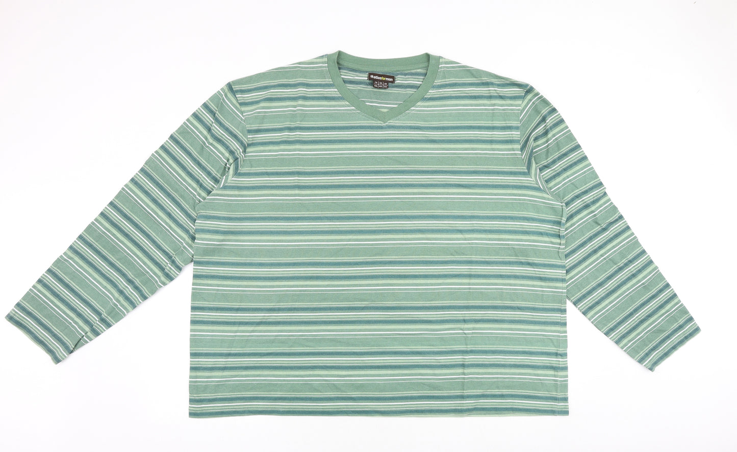 Atlas for men Mens Green Striped Cotton T-Shirt Size 3XL V-Neck