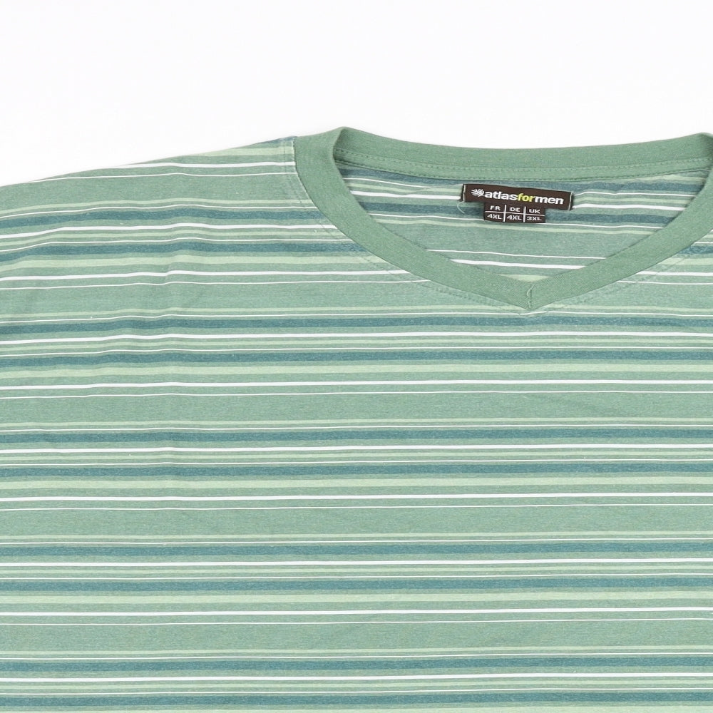 Atlas for men Mens Green Striped Cotton T-Shirt Size 3XL V-Neck