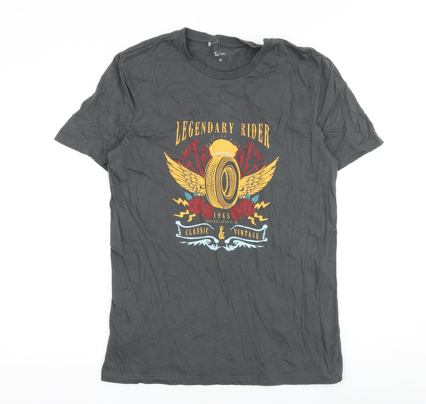 TU Mens Grey Cotton T-Shirt Size M Round Neck - Legendary Rider