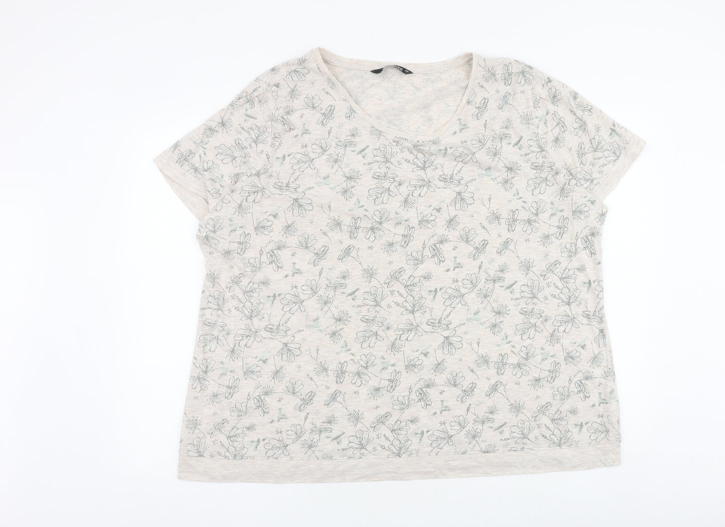 Bonmarche Womens Beige Floral Cotton Basic T-Shirt Size 24 Round Neck