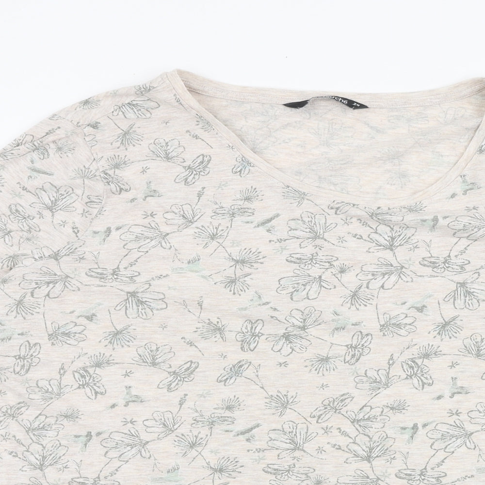 Bonmarche Womens Beige Floral Cotton Basic T-Shirt Size 24 Round Neck