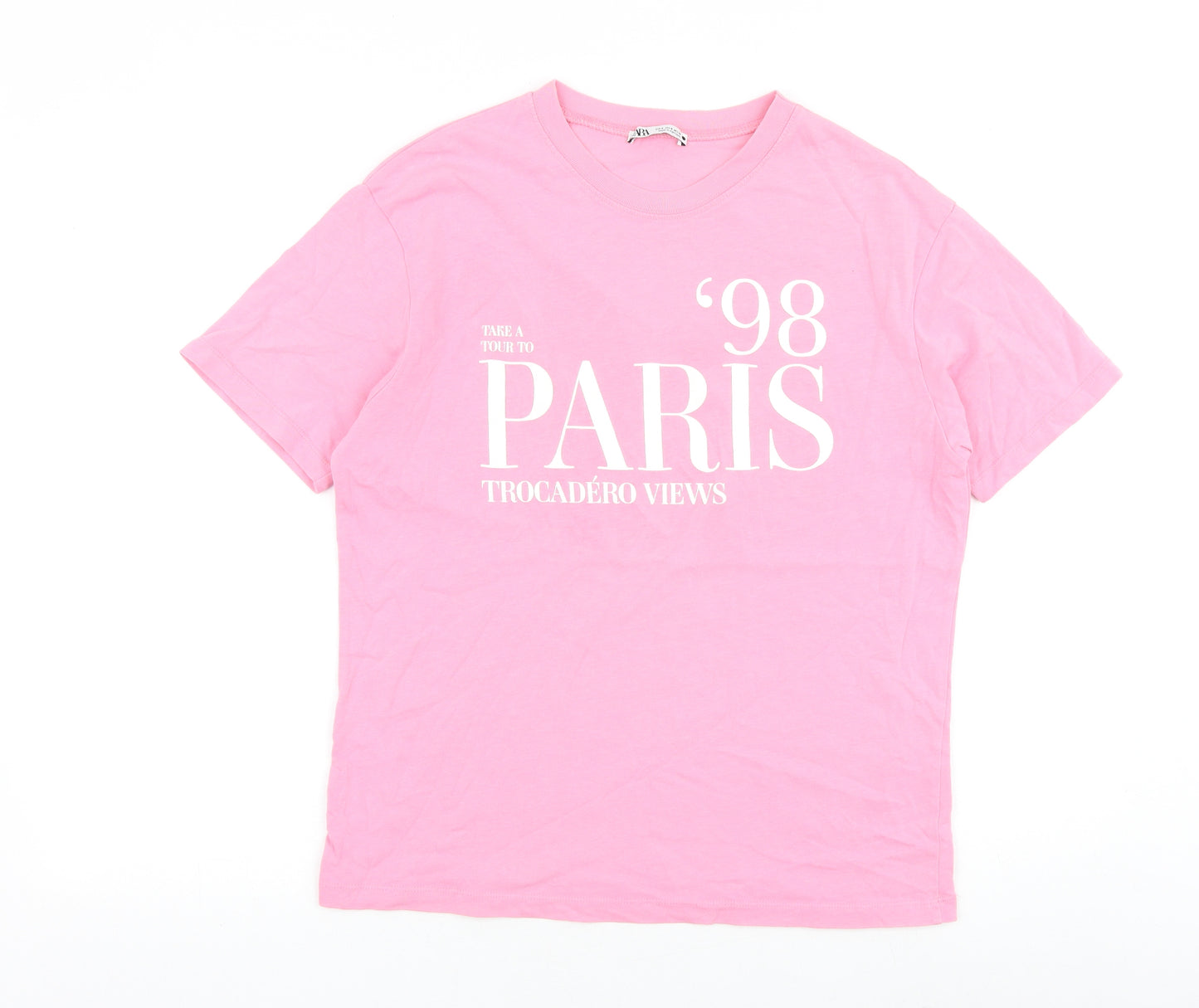 Zara Womens Pink Polyester Basic T-Shirt Size S Round Neck - Paris