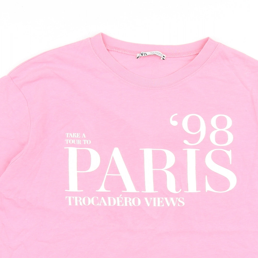 Zara Womens Pink Polyester Basic T-Shirt Size S Round Neck - Paris