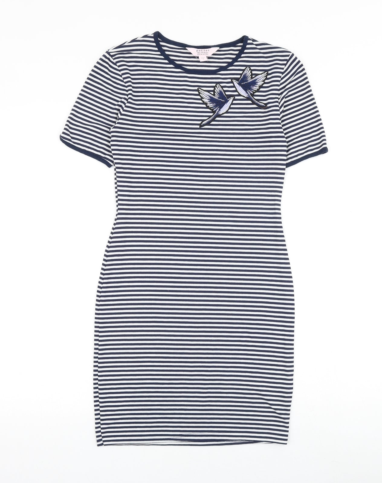 Miss Selfridge Womens Blue Striped Viscose T-Shirt Dress Size 8 Round Neck Pullover - Bird Detail