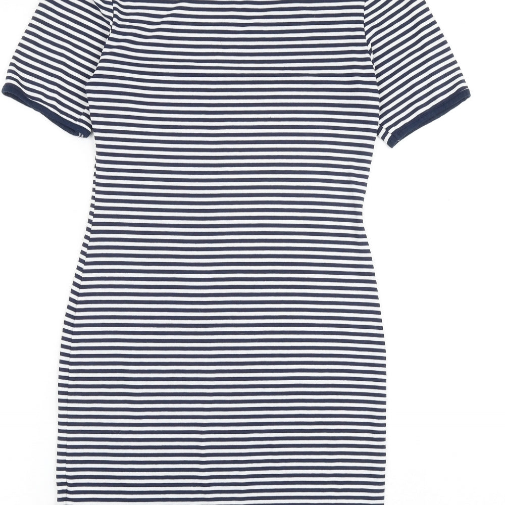 Miss Selfridge Womens Blue Striped Viscose T-Shirt Dress Size 8 Round Neck Pullover - Bird Detail