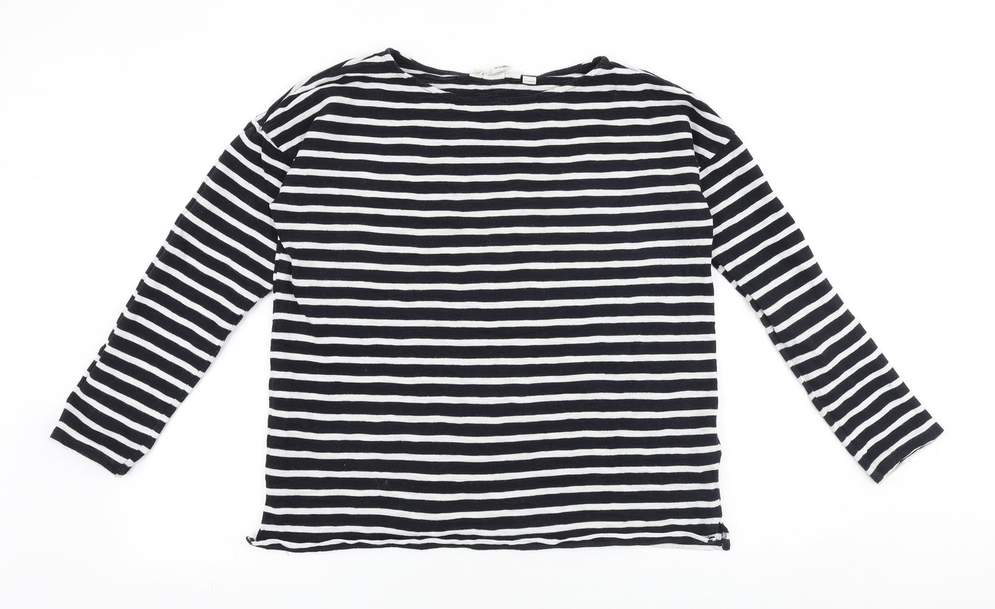 H&M Womens Black Striped 100% Cotton Basic T-Shirt Size M Boat Neck