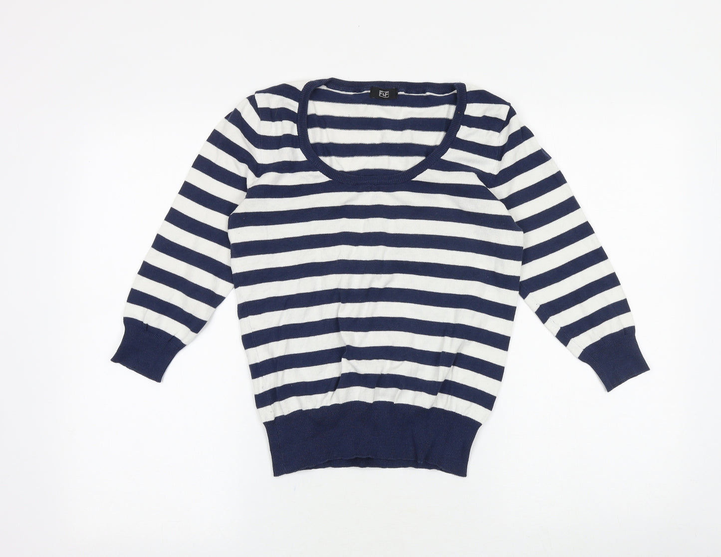 F&F Womens Blue Scoop Neck Striped Cotton Pullover Jumper Size 10