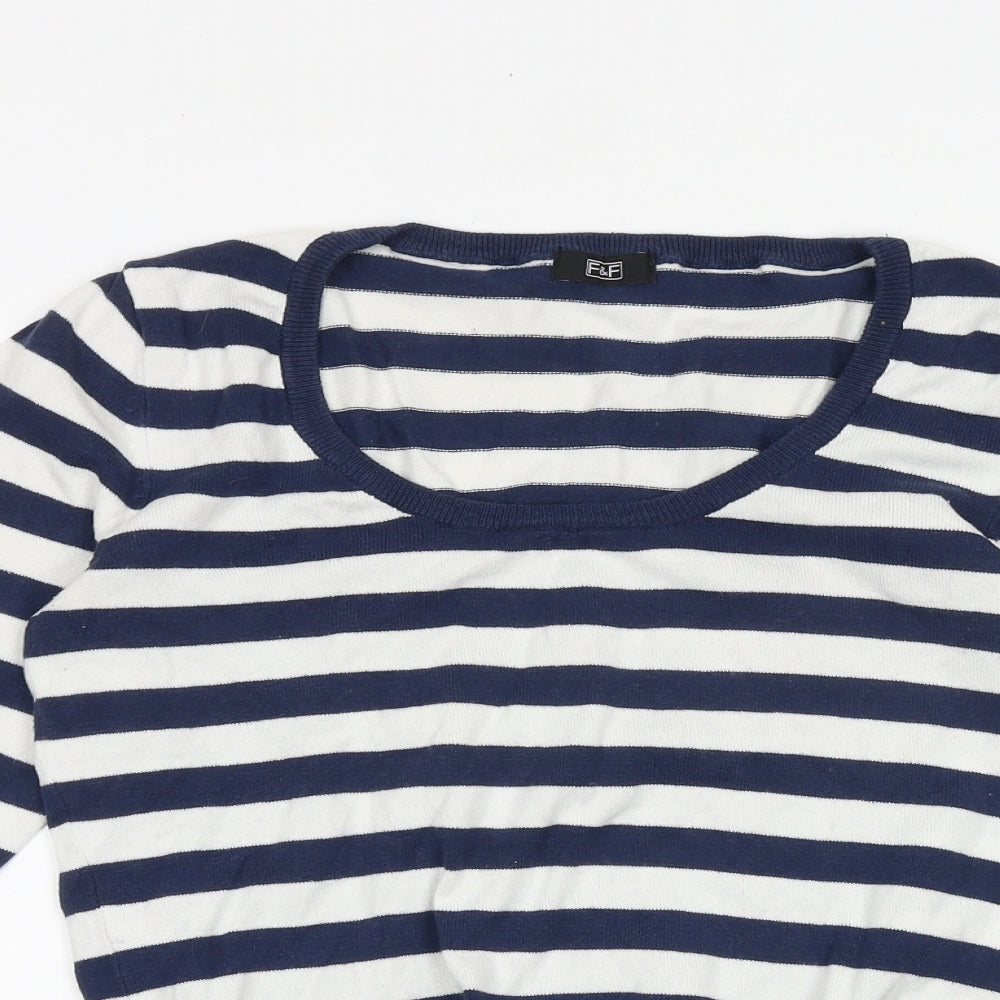 F&F Womens Blue Scoop Neck Striped Cotton Pullover Jumper Size 10