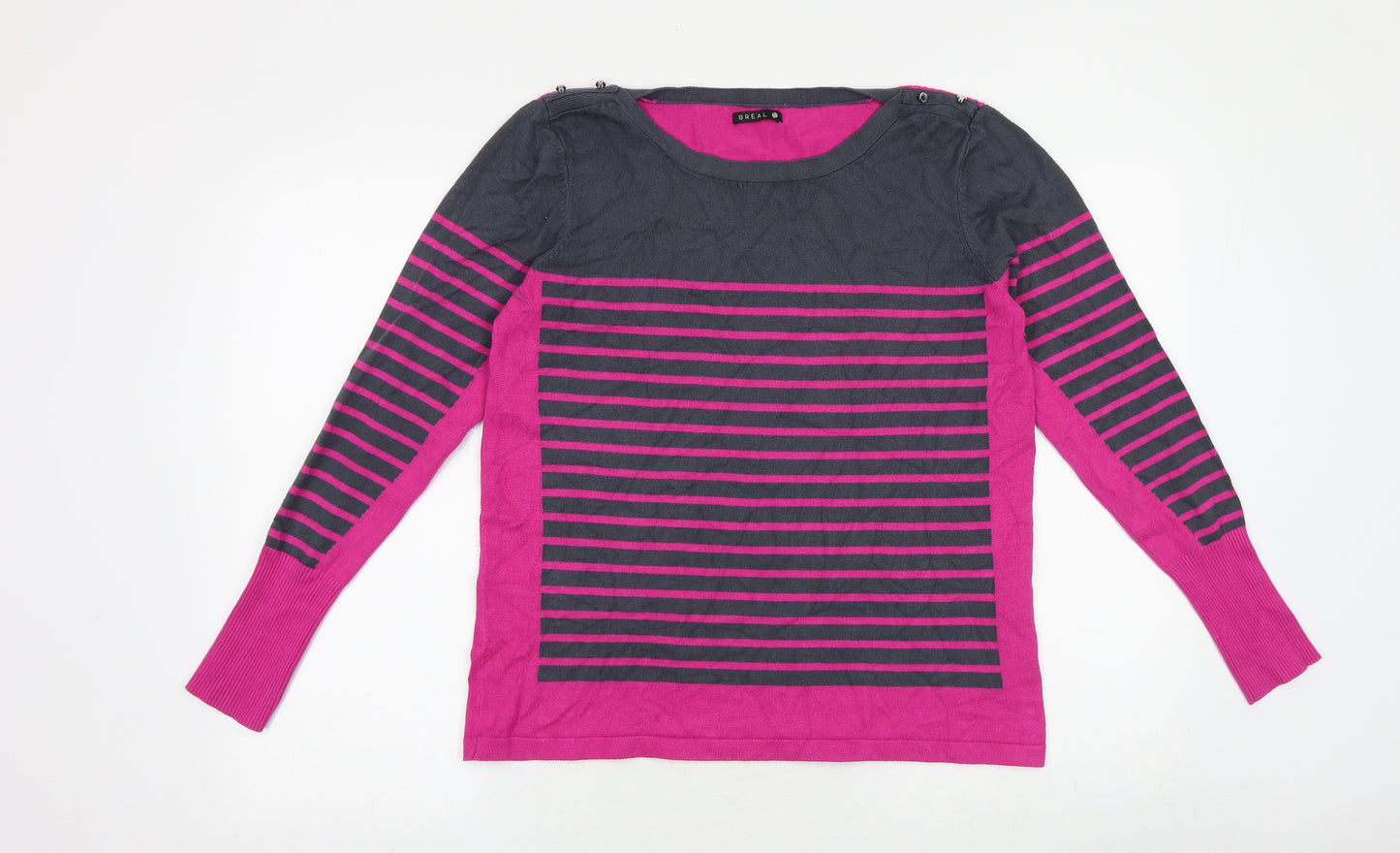 Breal Womens Purple Round Neck Striped Viscose Pullover Jumper Size M