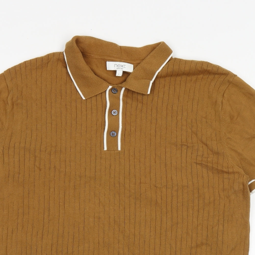 NEXT Mens Brown Cotton Polo Size L Collared Button