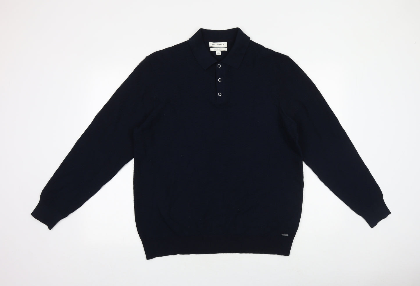 Marks and Spencer Mens Blue Collared Cotton Pullover Jumper Size L Long Sleeve