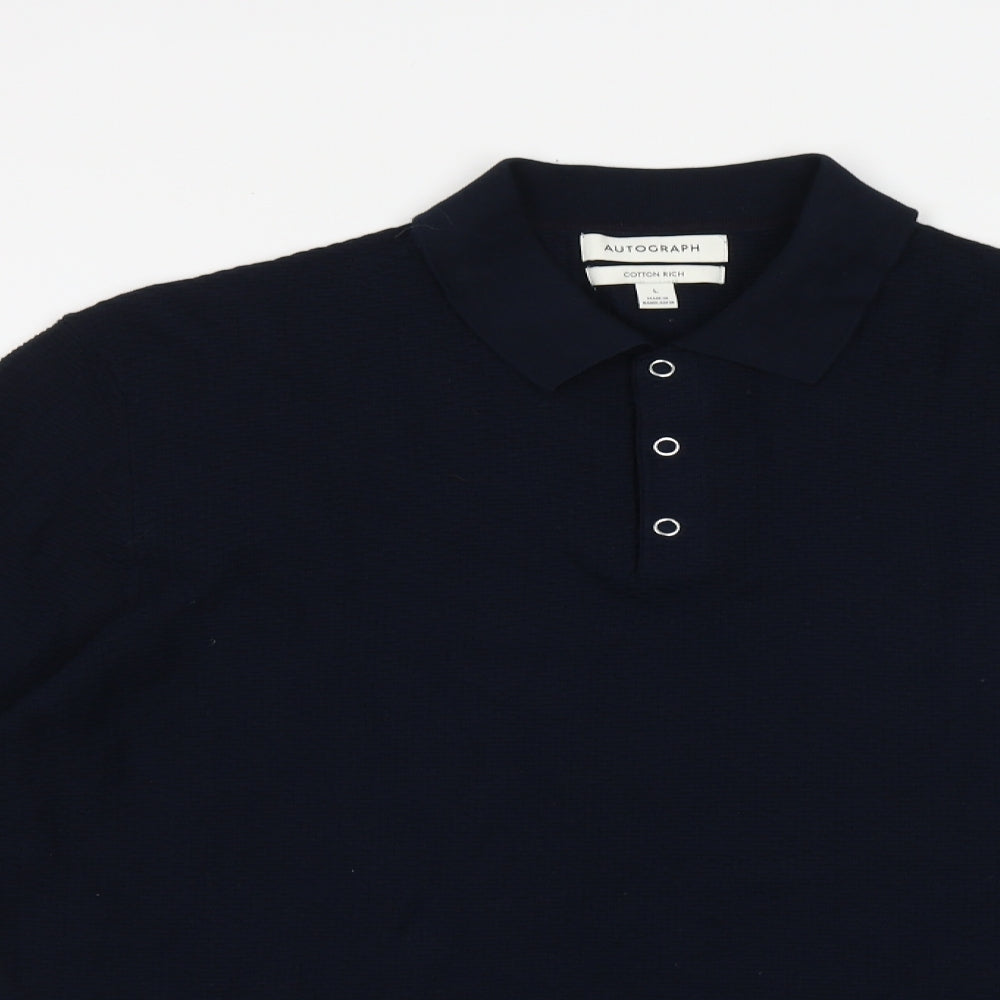 Marks and Spencer Mens Blue Collared Cotton Pullover Jumper Size L Long Sleeve