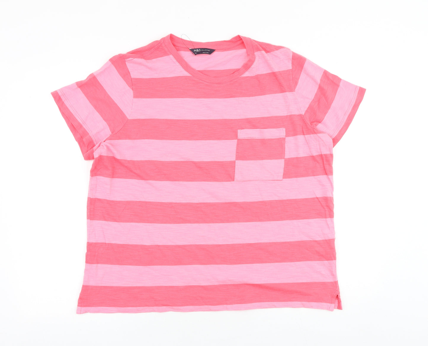 Marks and Spencer Womens Pink Colourblock 100% Cotton Basic T-Shirt Size 16 Round Neck