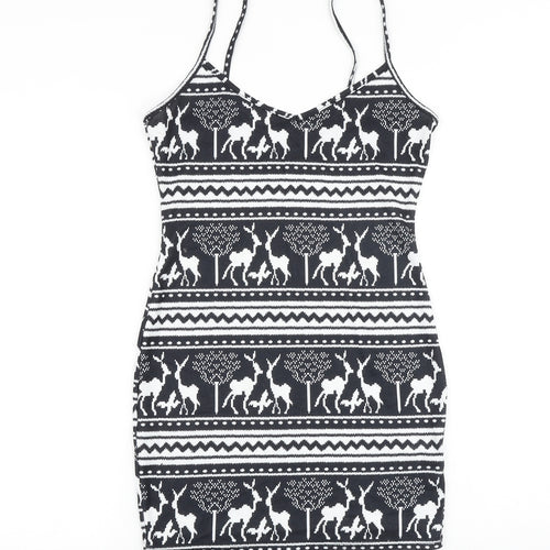 SheIn Womens Black Geometric Polyester Mini Size S V-Neck Pullover