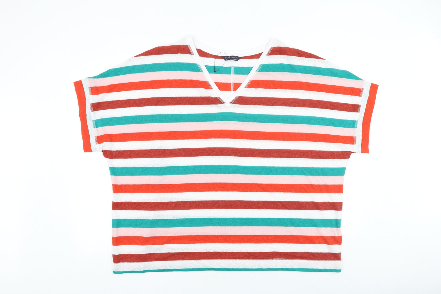 Marks and Spencer Womens Multicoloured Striped Linen Basic T-Shirt Size 24 V-Neck