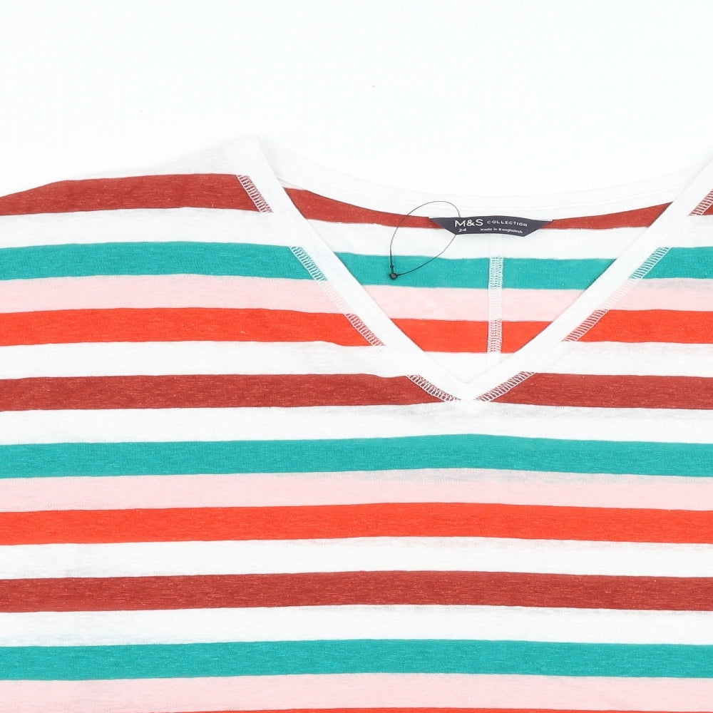 Marks and Spencer Womens Multicoloured Striped Linen Basic T-Shirt Size 24 V-Neck