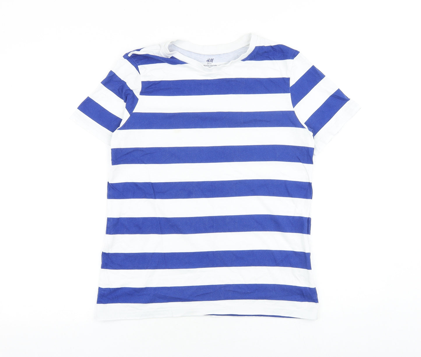 H&M Boys Blue Striped 100% Cotton Basic T-Shirt Size 13-14 Years Round Neck Pullover