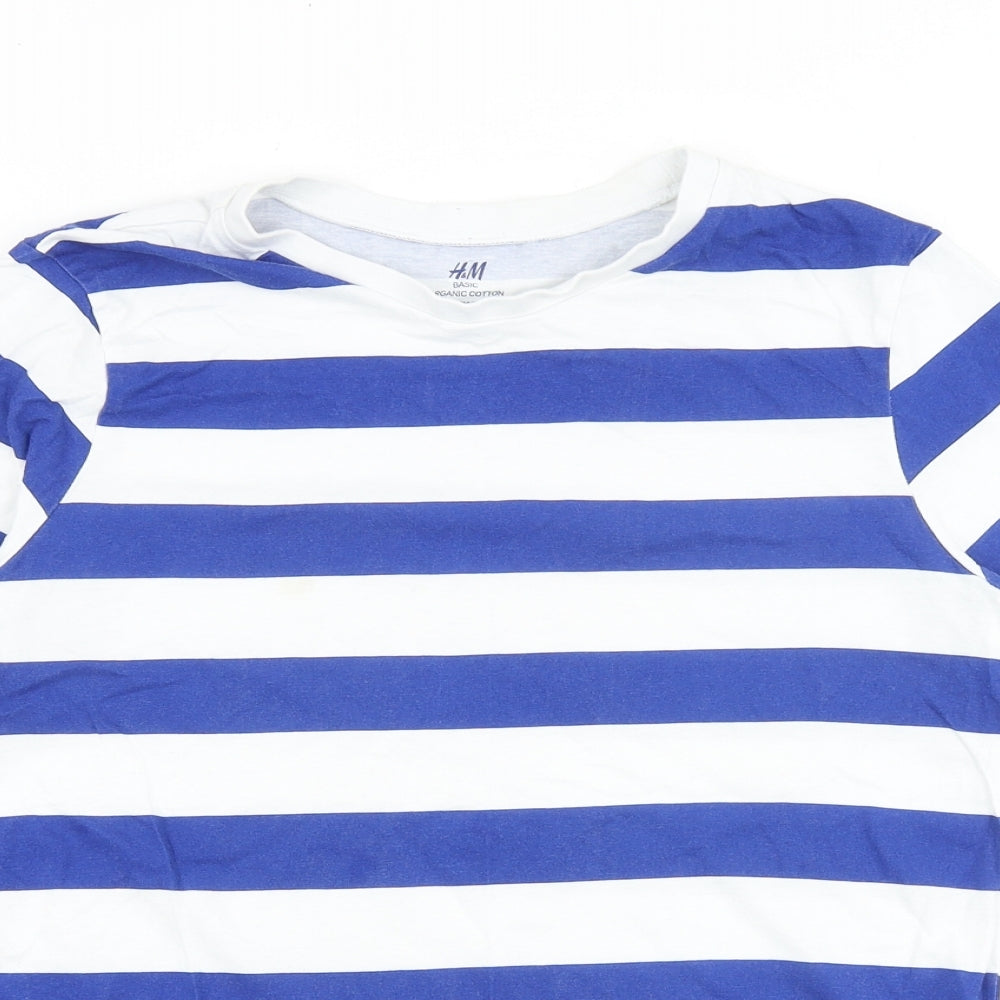 H&M Boys Blue Striped 100% Cotton Basic T-Shirt Size 13-14 Years Round Neck Pullover