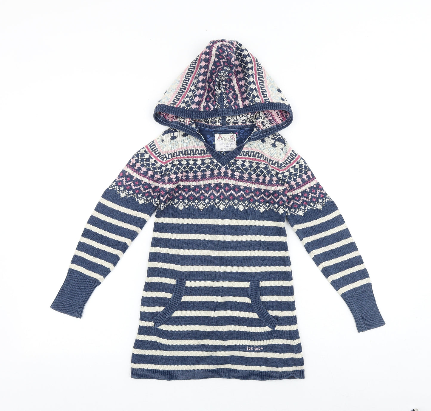 Fat Face Girls Blue V-Neck Geometric 100% Cotton Pullover Jumper Size 6-7 Years Pullover