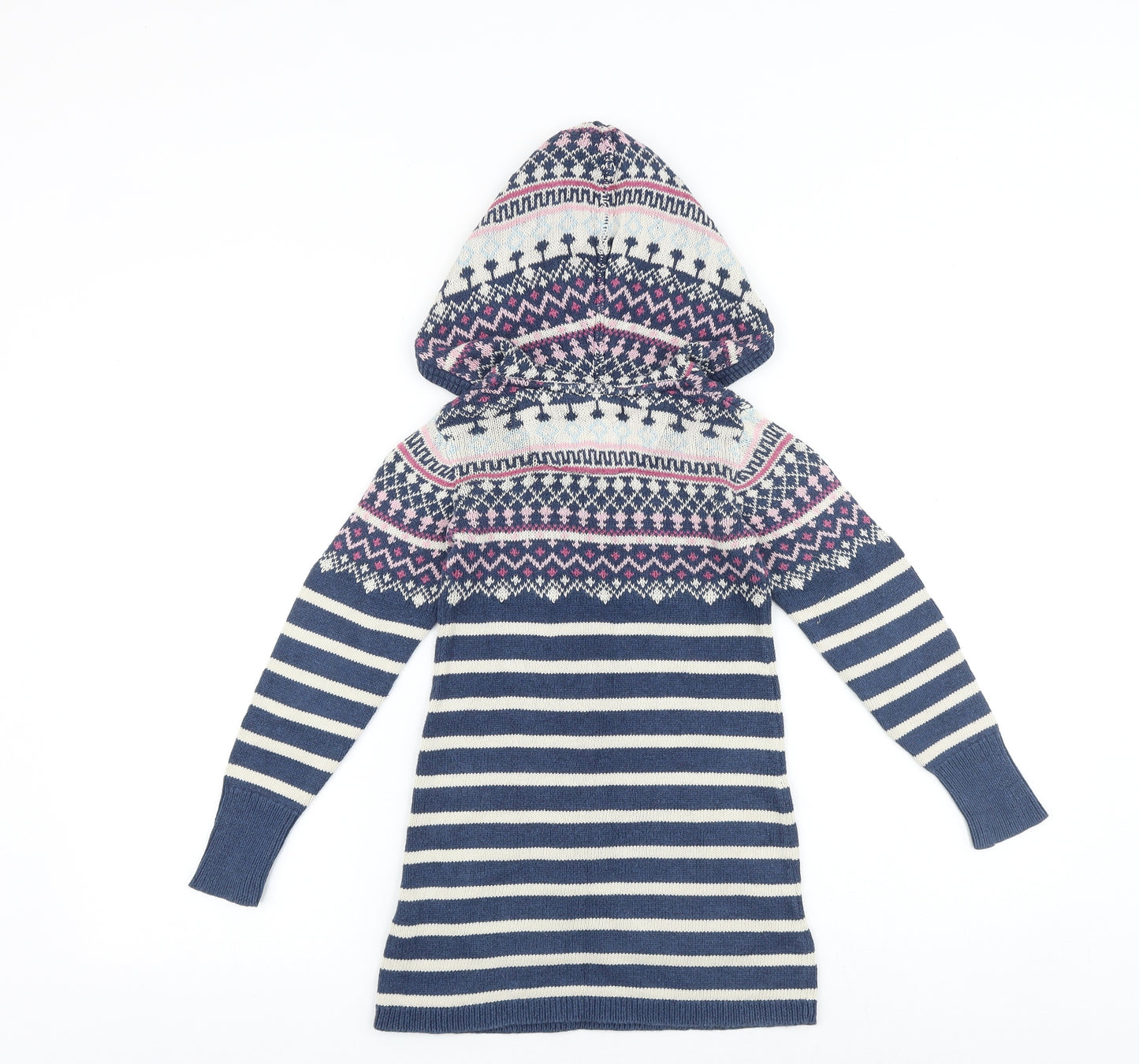 Fat Face Girls Blue V-Neck Geometric 100% Cotton Pullover Jumper Size 6-7 Years Pullover