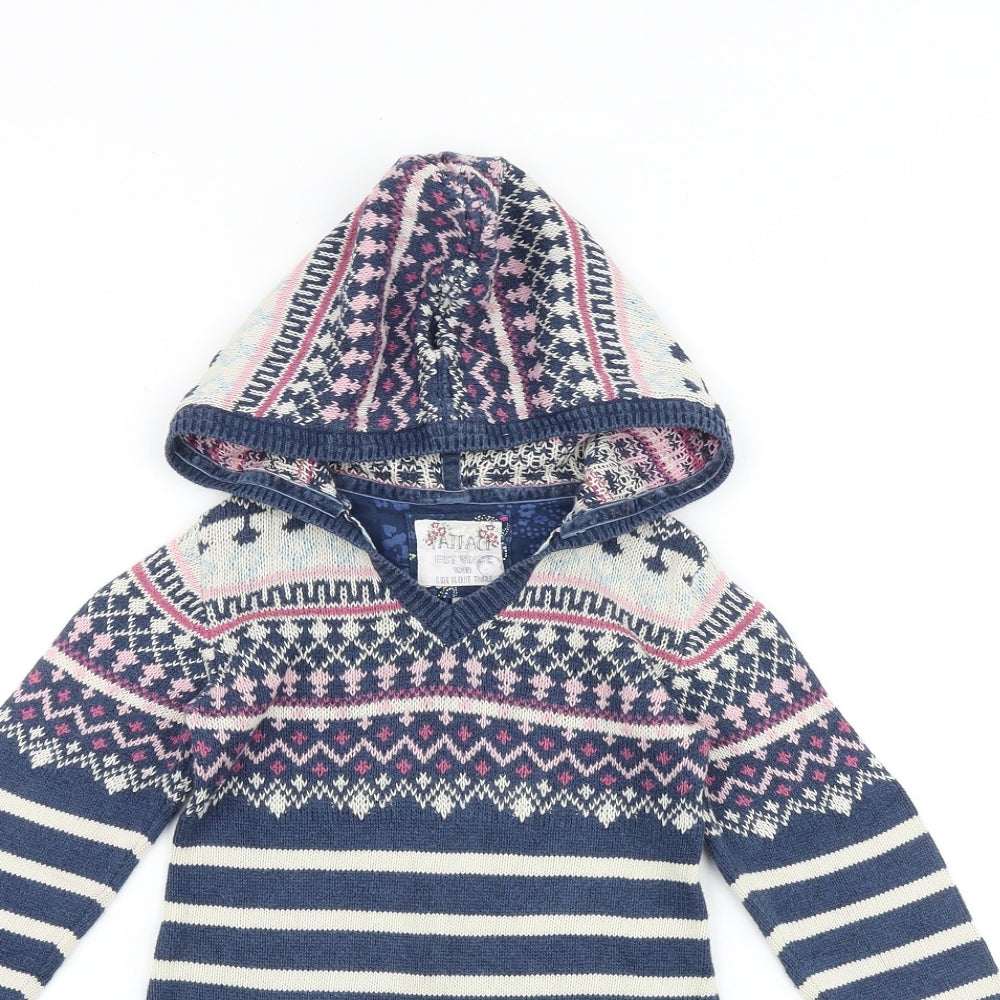 Fat Face Girls Blue V-Neck Geometric 100% Cotton Pullover Jumper Size 6-7 Years Pullover