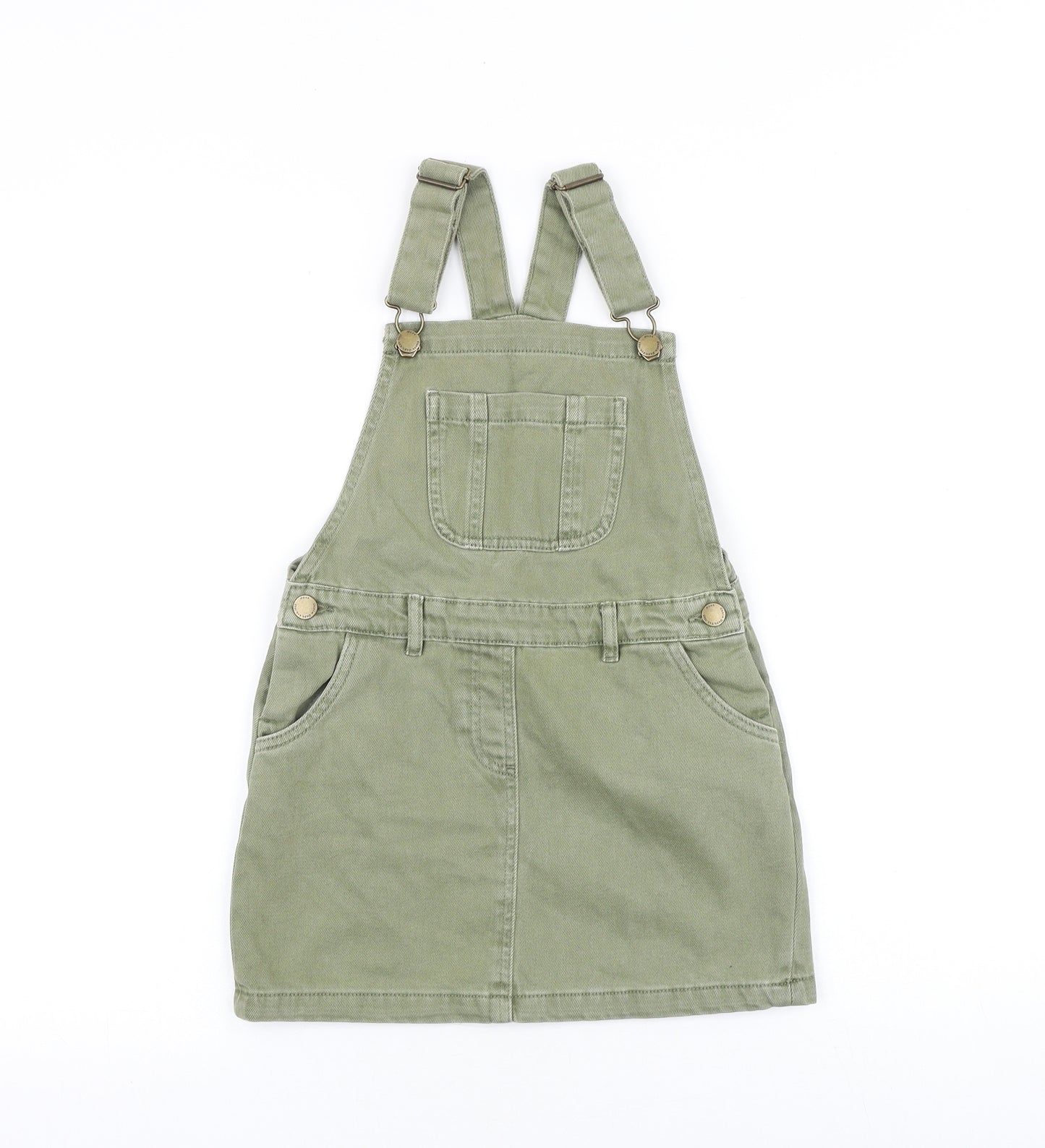 NEXT Girls Green 100% Cotton Pinafore/Dungaree Dress Size 7 Years Square Neck Buckle