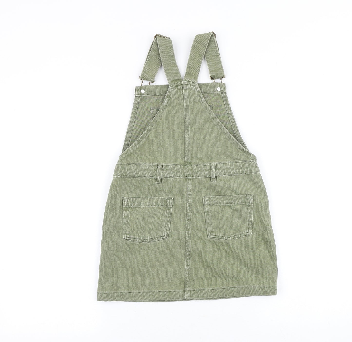 NEXT Girls Green 100% Cotton Pinafore/Dungaree Dress Size 7 Years Square Neck Buckle