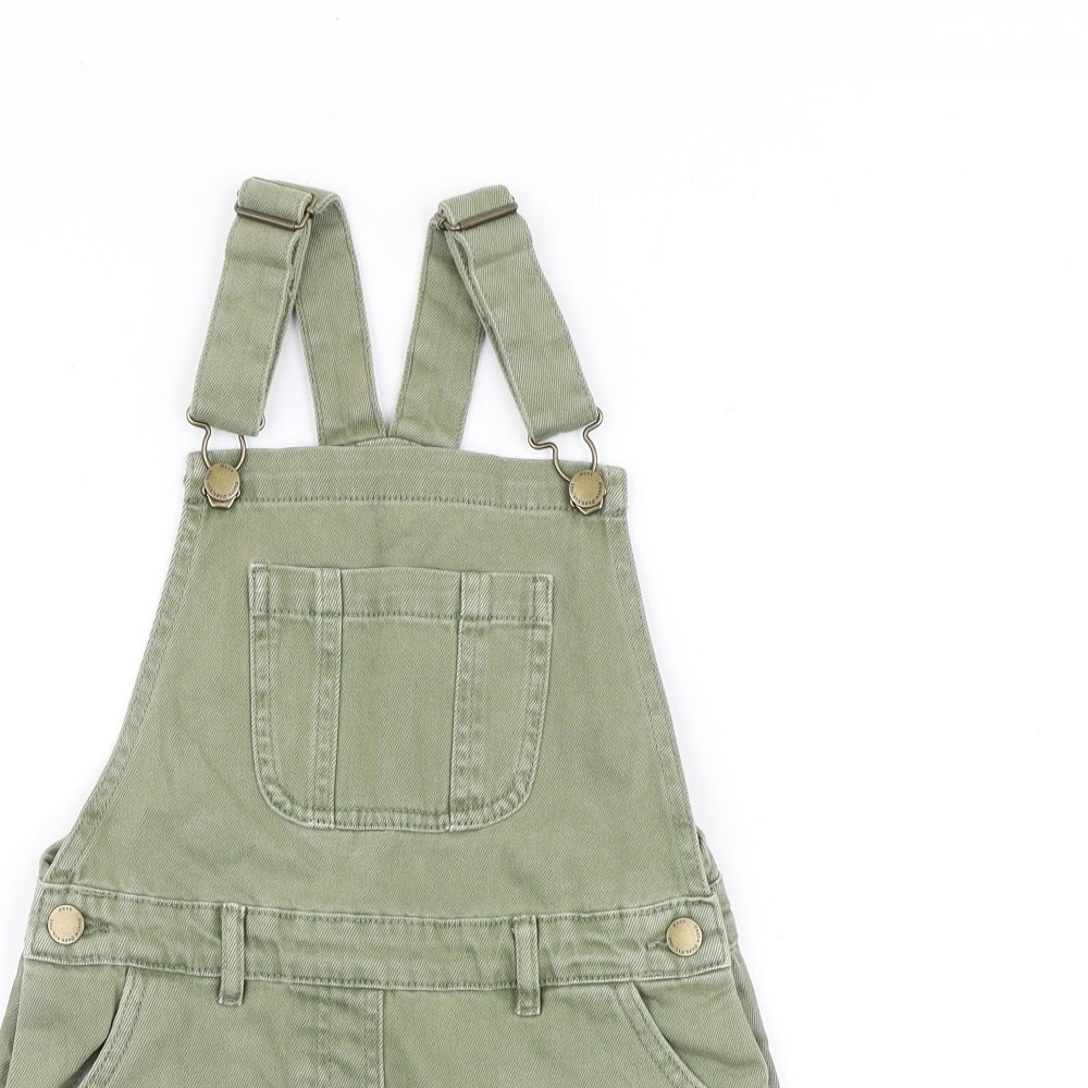 NEXT Girls Green 100% Cotton Pinafore/Dungaree Dress Size 7 Years Square Neck Buckle