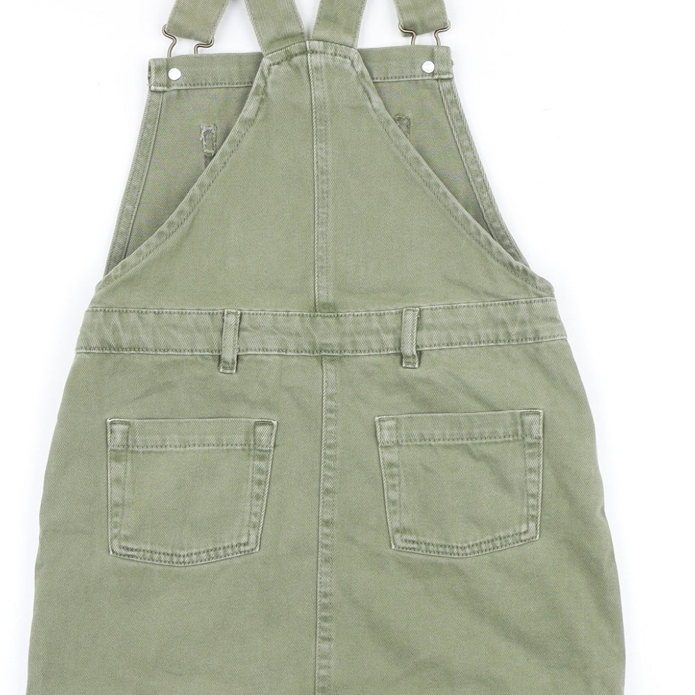 NEXT Girls Green 100% Cotton Pinafore/Dungaree Dress Size 7 Years Square Neck Buckle