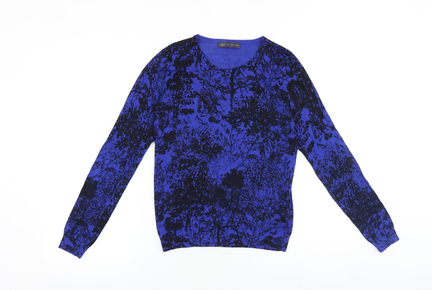 Marks and Spencer Womens Blue Round Neck Geometric Viscose Pullover Jumper Size 8