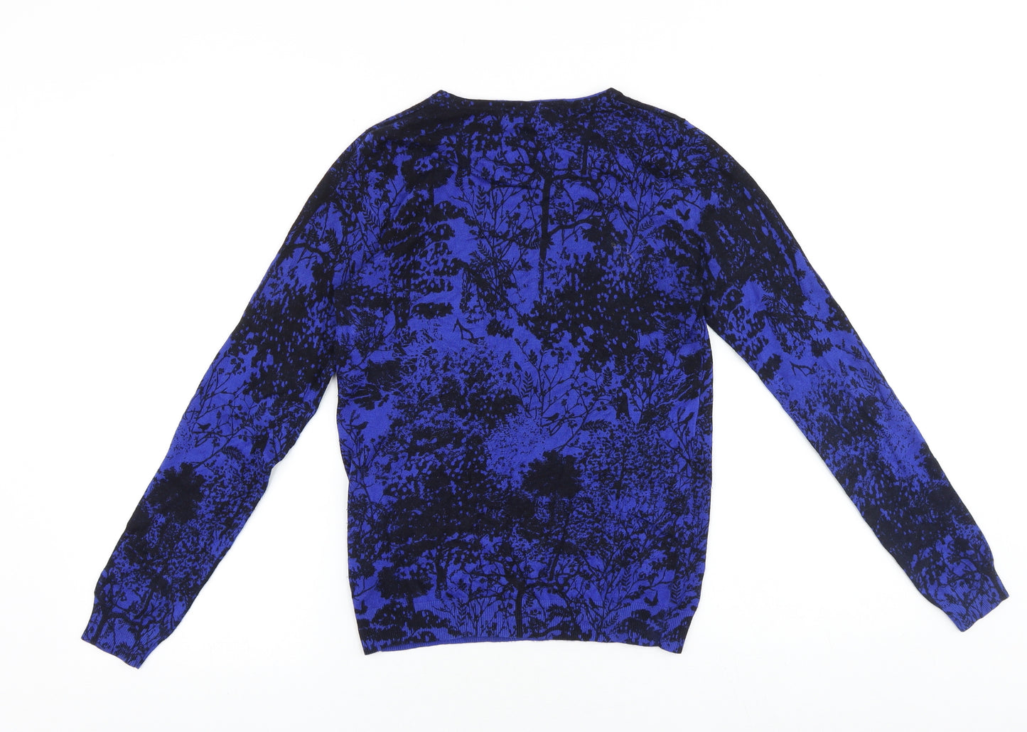 Marks and Spencer Womens Blue Round Neck Geometric Viscose Pullover Jumper Size 8