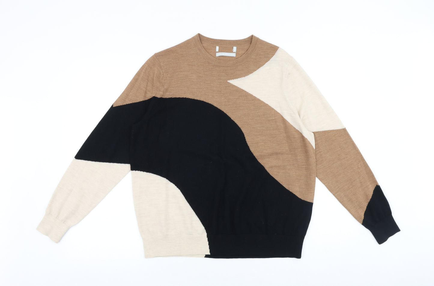 Marks and Spencer Womens Multicoloured Round Neck Geometric 100% Merino Wool Pullover Jumper Size 18