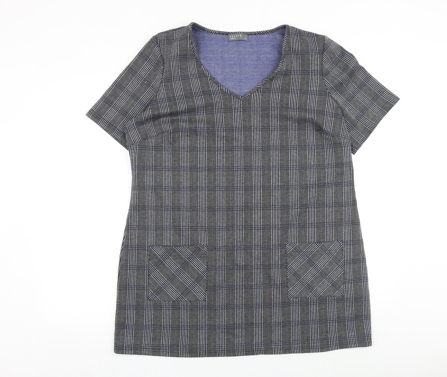 Papaya Womens Grey Plaid Viscose Tunic T-Shirt Size 18 V-Neck