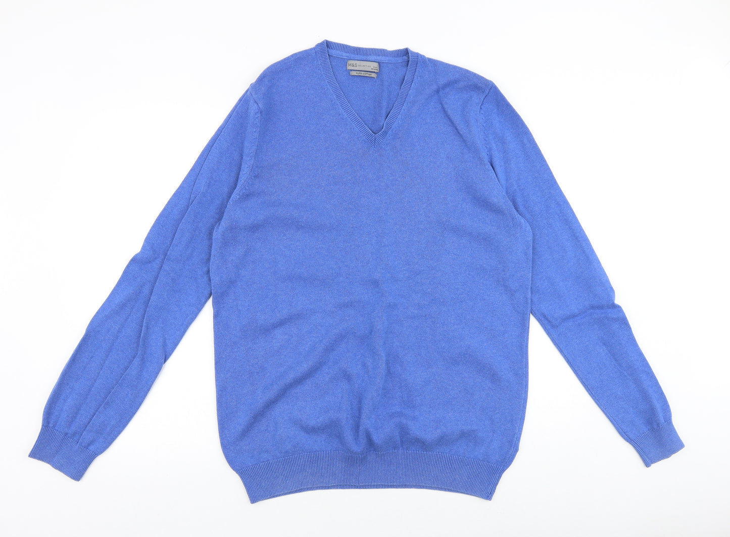 Marks and Spencer Mens Blue V-Neck Cotton Pullover Jumper Size L Long Sleeve