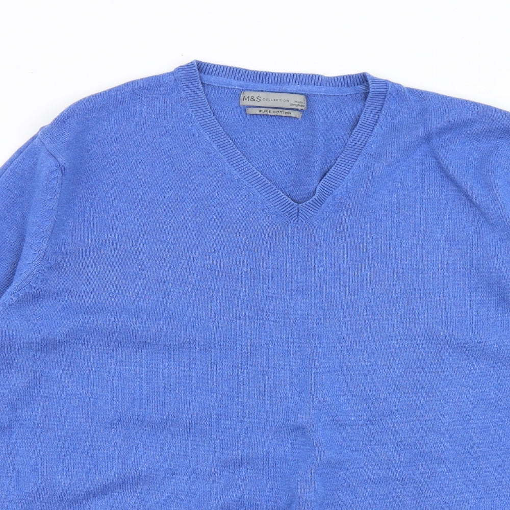 Marks and Spencer Mens Blue V-Neck Cotton Pullover Jumper Size L Long Sleeve
