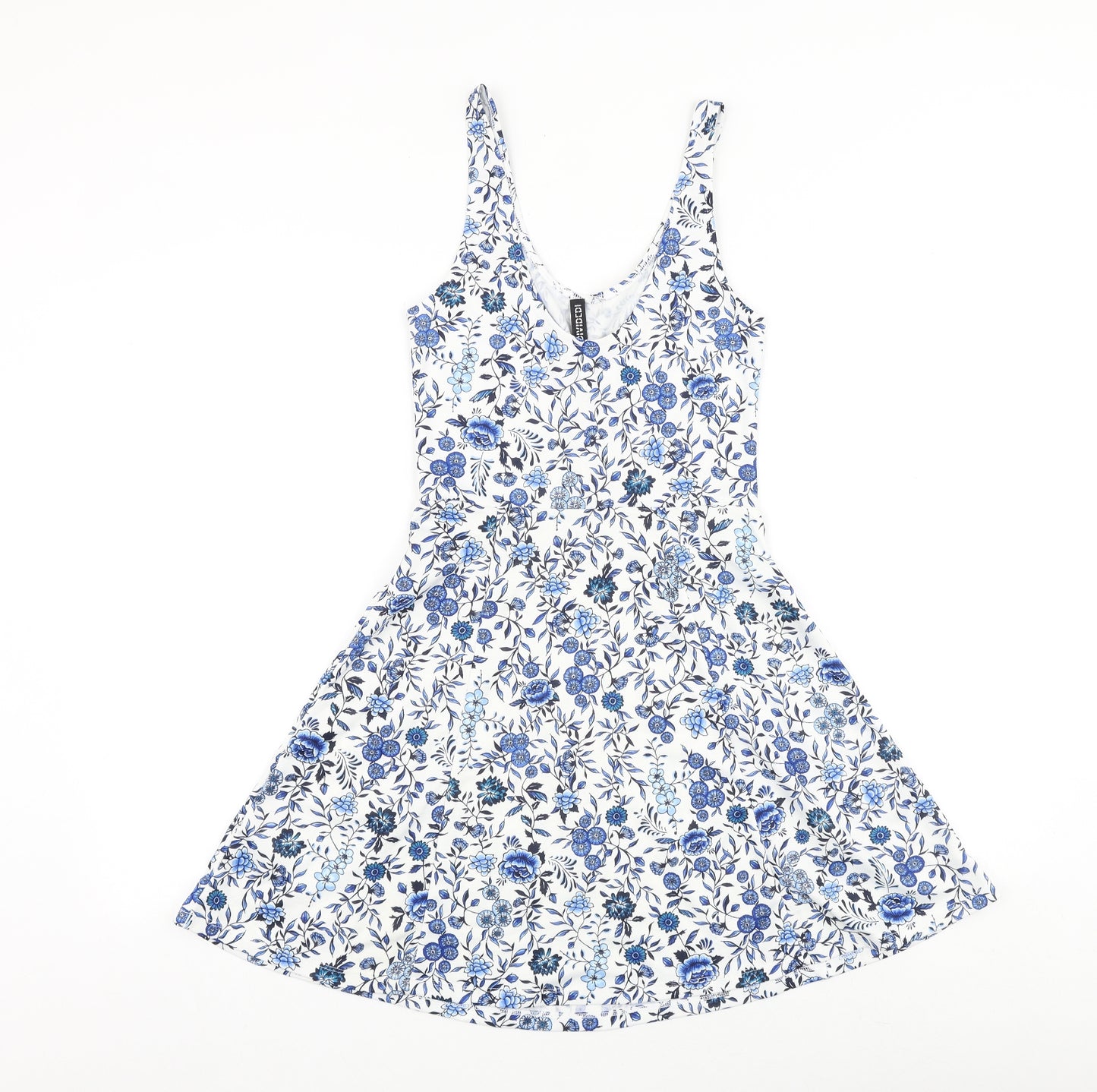 H&M Womens Blue Floral Polyester Skater Dress Size 8 Scoop Neck Pullover