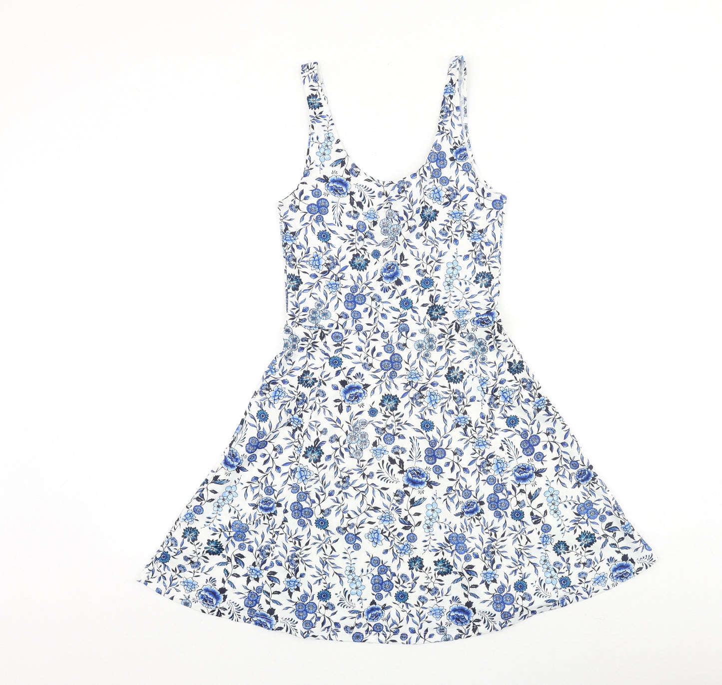 H&M Womens Blue Floral Polyester Skater Dress Size 8 Scoop Neck Pullover