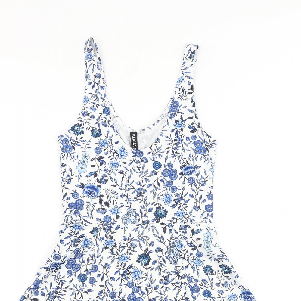 H&M Womens Blue Floral Polyester Skater Dress Size 8 Scoop Neck Pullover