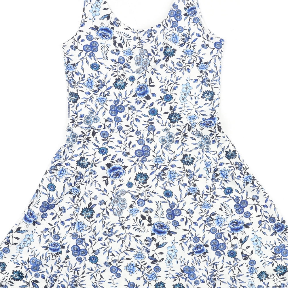 H&M Womens Blue Floral Polyester Skater Dress Size 8 Scoop Neck Pullover