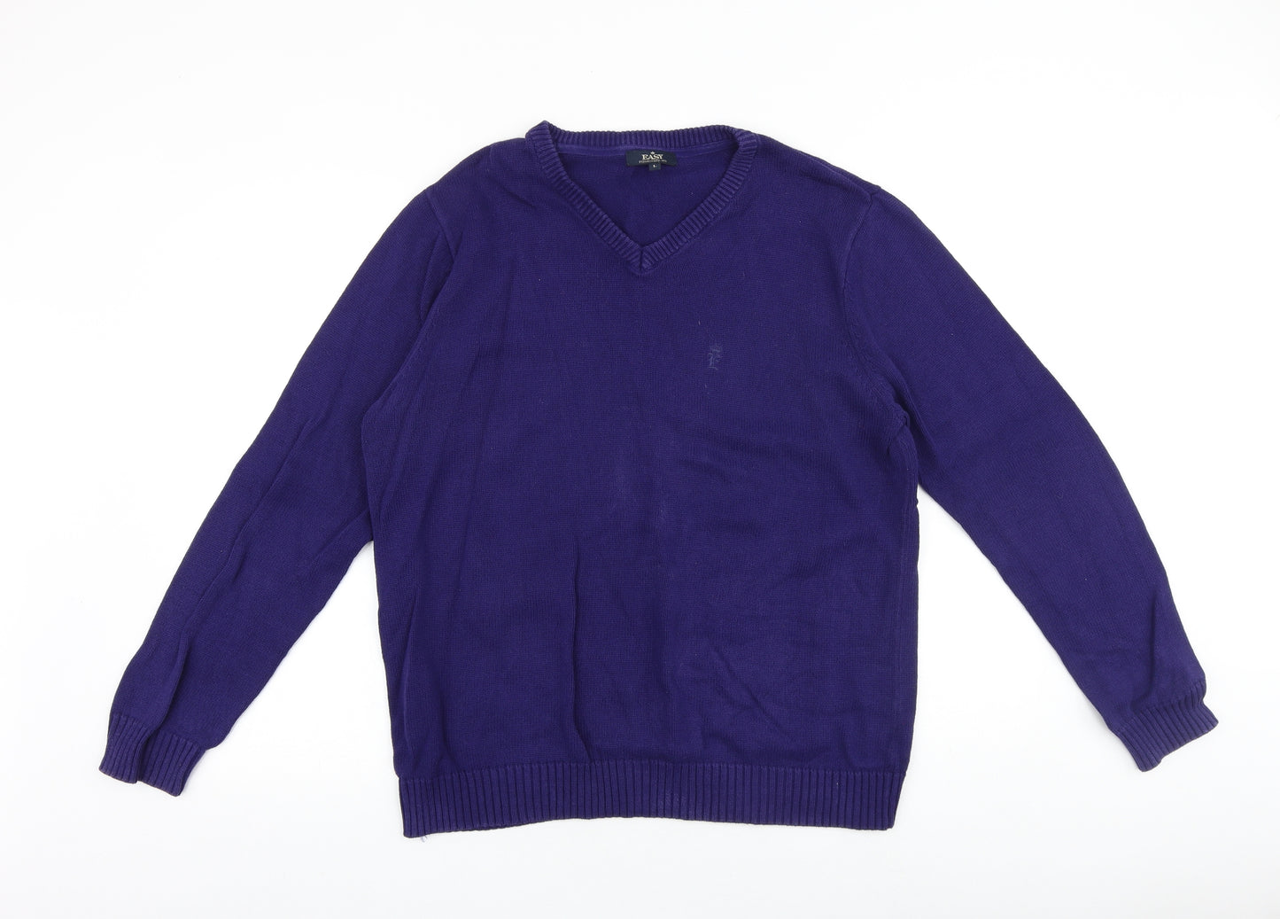 Easy Mens Purple V-Neck Cotton Pullover Jumper Size L Long Sleeve