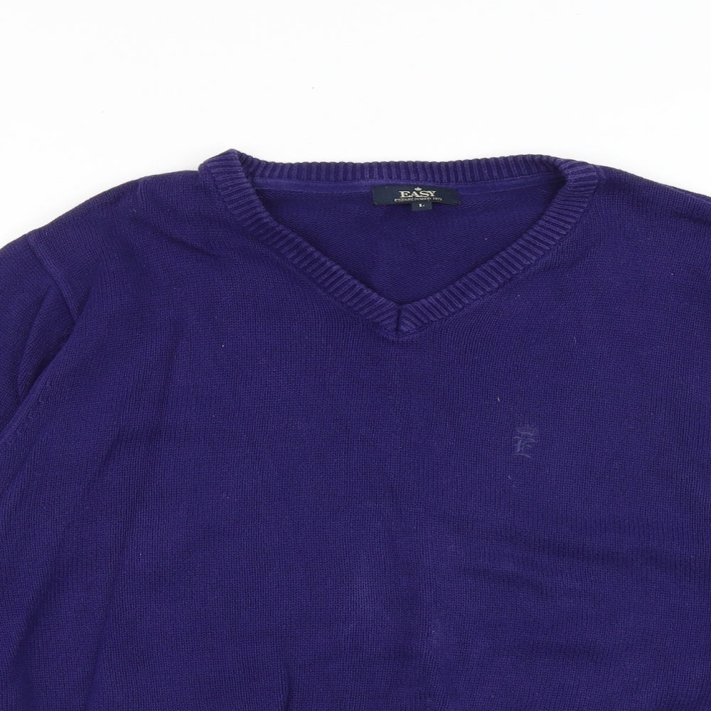 Easy Mens Purple V-Neck Cotton Pullover Jumper Size L Long Sleeve