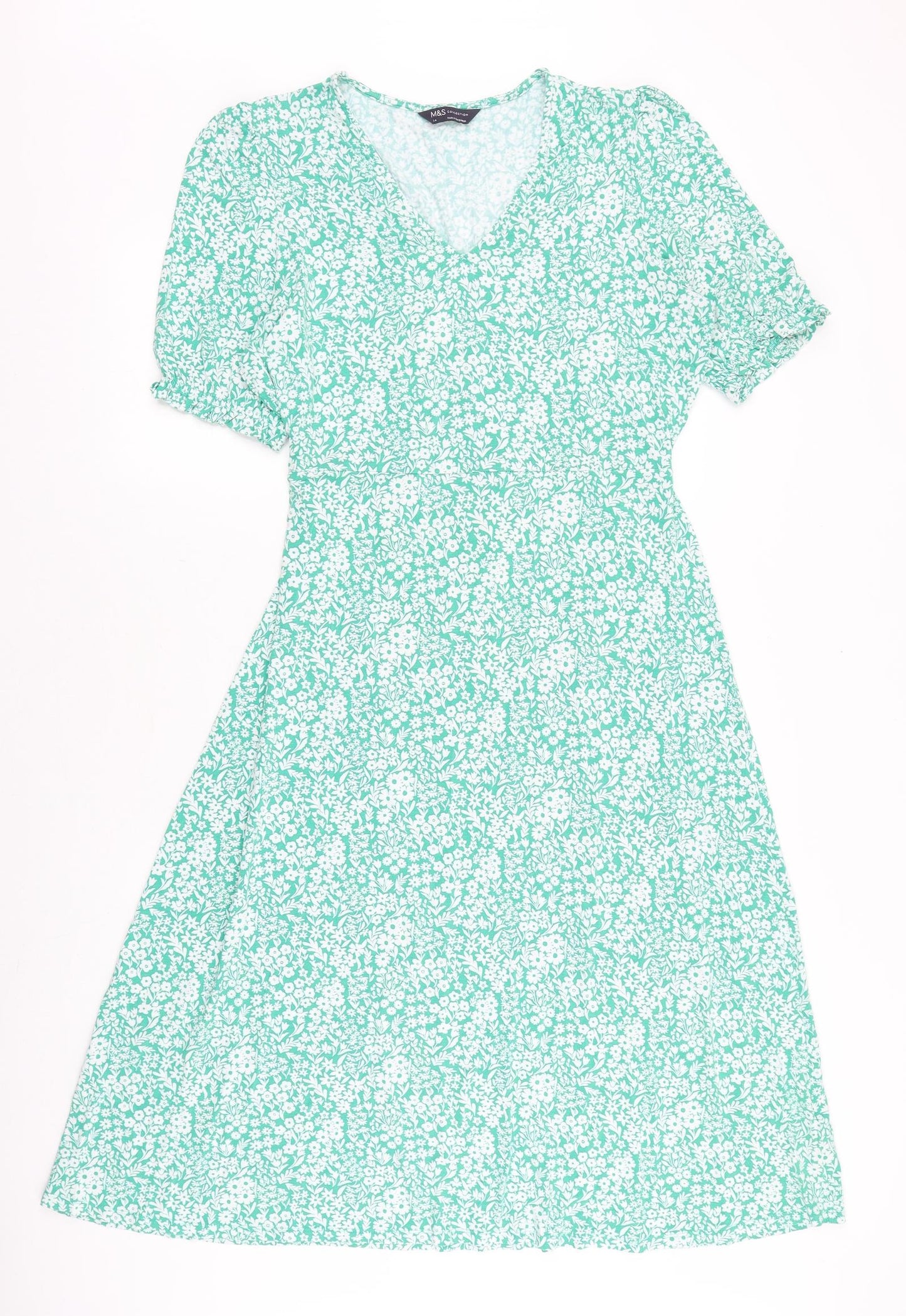 Marks and Spencer Womens Green Floral Viscose A-Line Size 14 V-Neck Tie