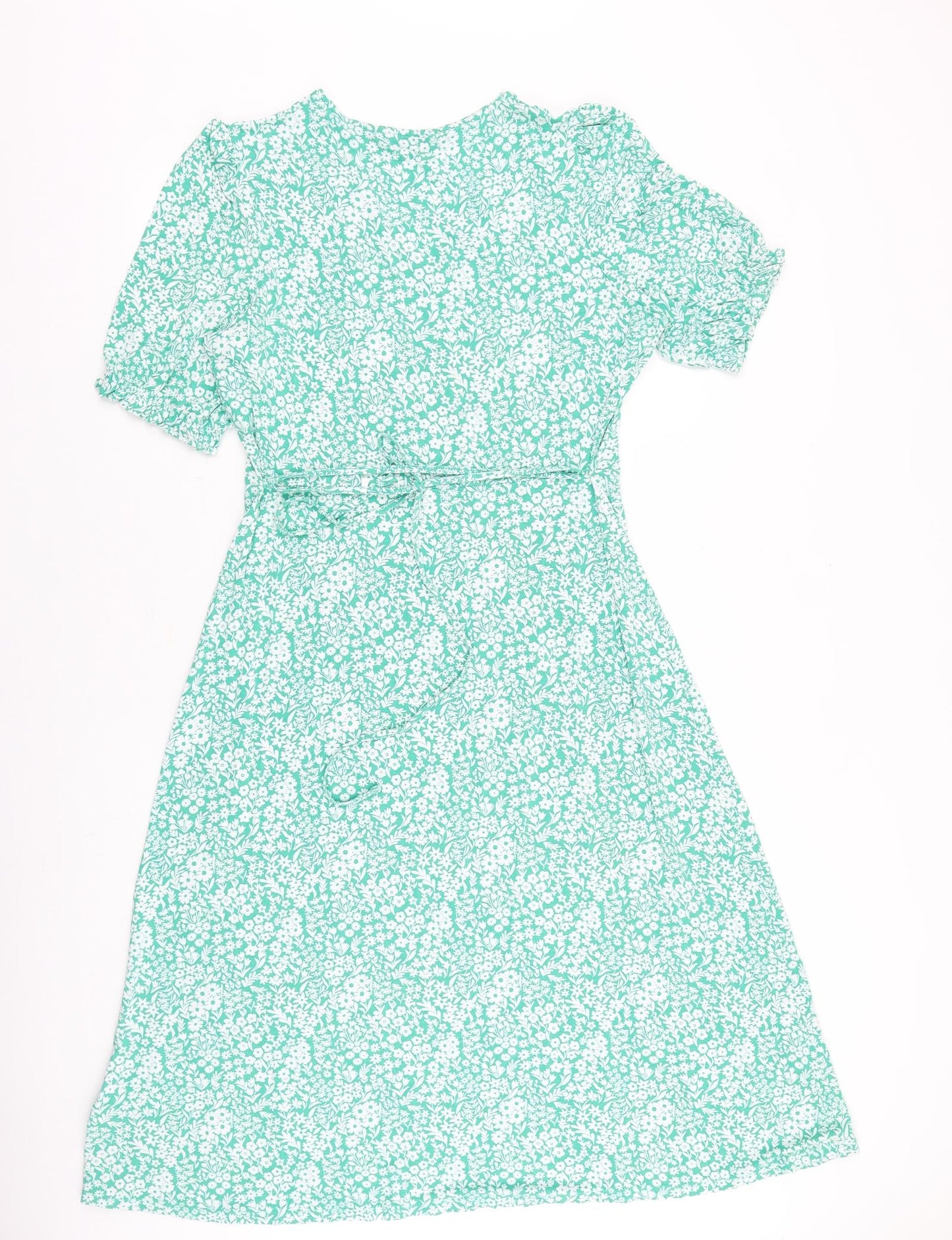 Marks and Spencer Womens Green Floral Viscose A-Line Size 14 V-Neck Tie