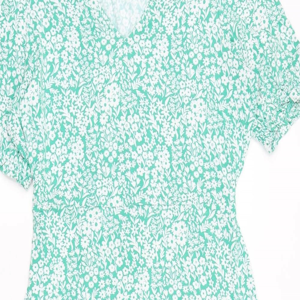 Marks and Spencer Womens Green Floral Viscose A-Line Size 14 V-Neck Tie
