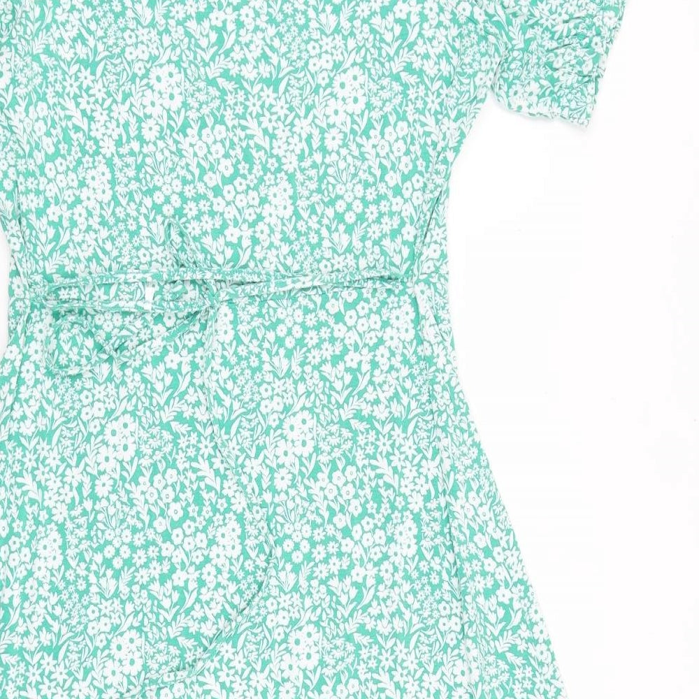 Marks and Spencer Womens Green Floral Viscose A-Line Size 14 V-Neck Tie