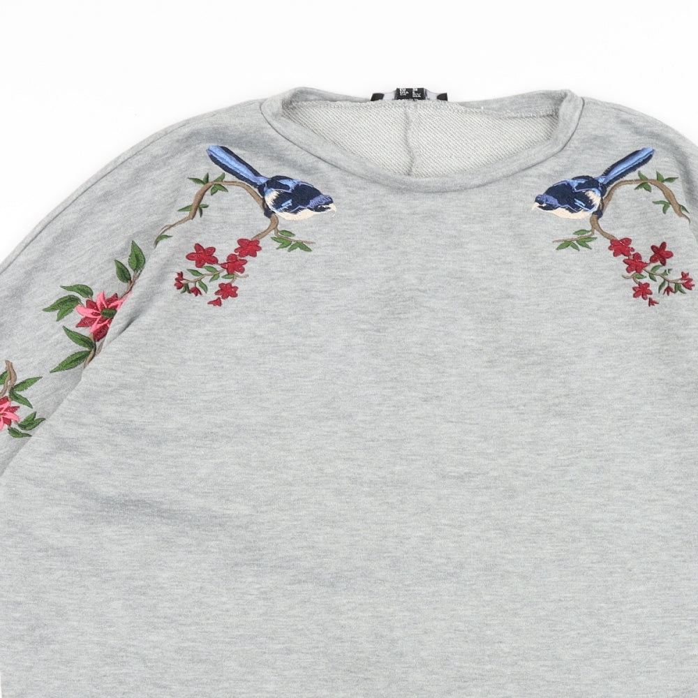 New Look Womens Grey Polyester Basic T-Shirt Size 10 Round Neck - Floral Detail