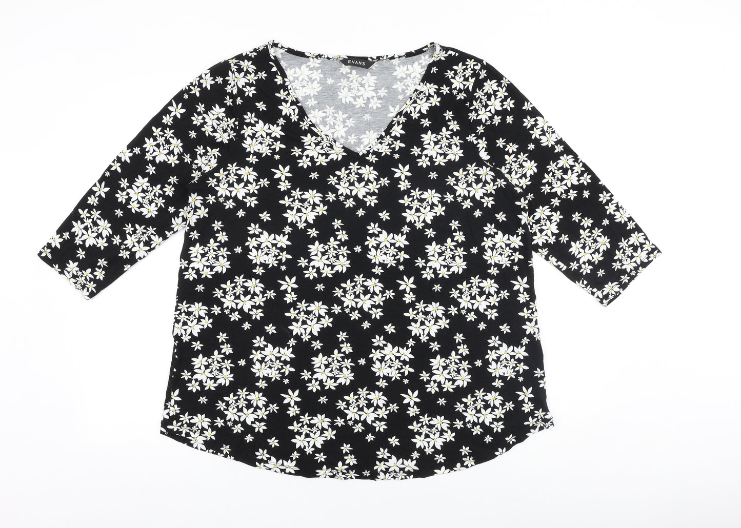 Evans Womens Black Floral Viscose Basic T-Shirt Size 18 V-Neck